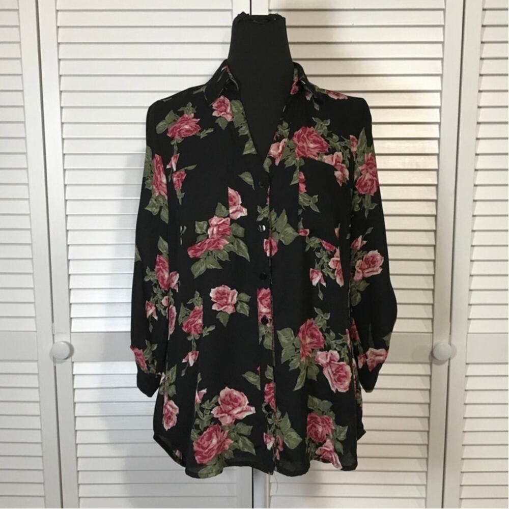 IZ BYER Boho Black Sheer Black Floral Roll Tab Sleeves Blouse Tunic Junior M